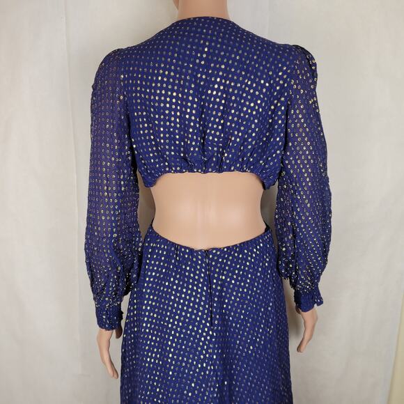 Delfi Collective Cerise navy blue metallic gold polka dot silk dress medium - Picture 10 of 15